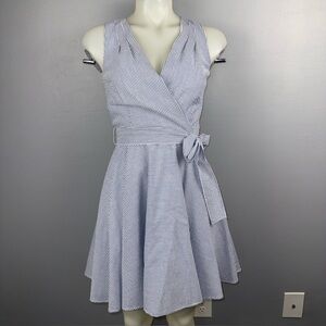 Maison Jules Dress Women’s XS Blue & White Seersucker Faux Wrap Fit & Flare